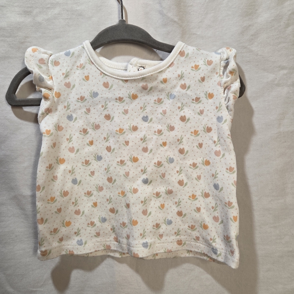 100% Organic Cotton Rabbit Bear Organic Baby 6-9mos Summer Shirt With Flowers